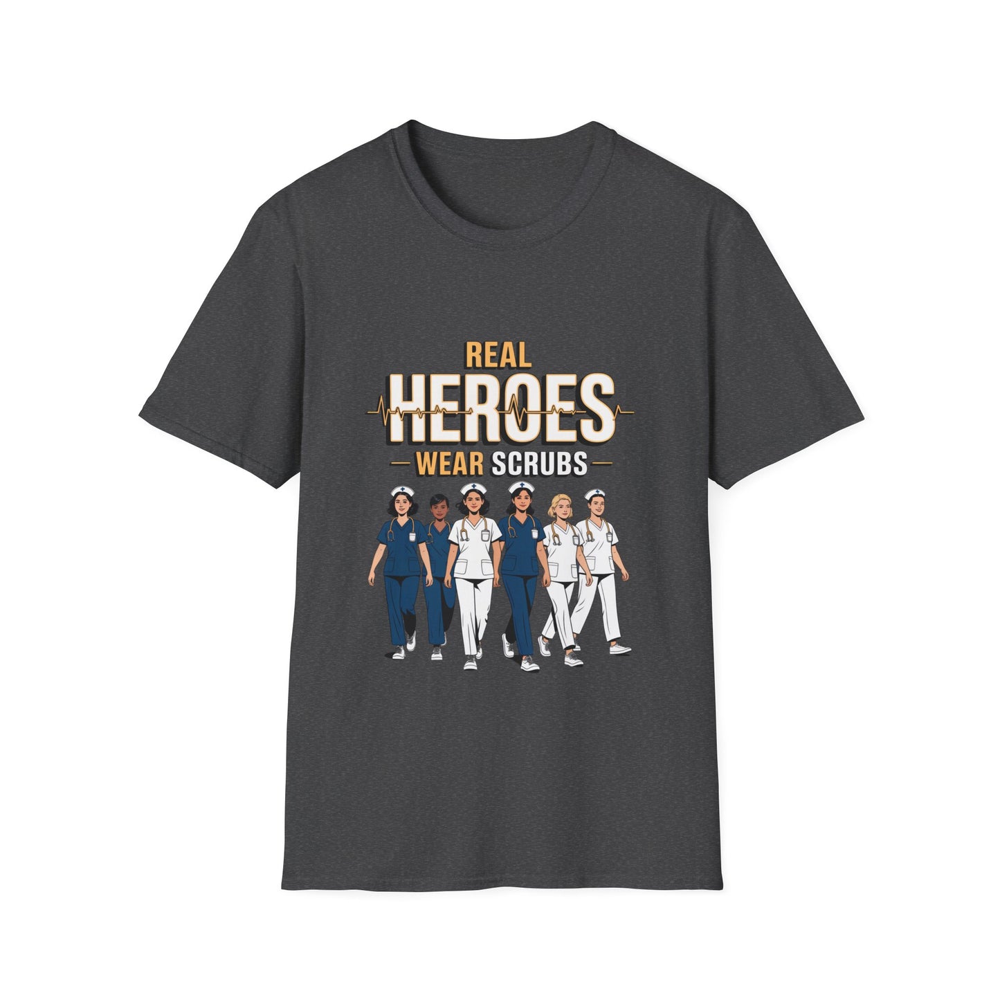 Real Heroes Wear Scrubs Unisex Softstyle T-Shirt, Nurse Gift, Medical Professional Apparel, Healthcare Worker Tee, Appreciation Gift