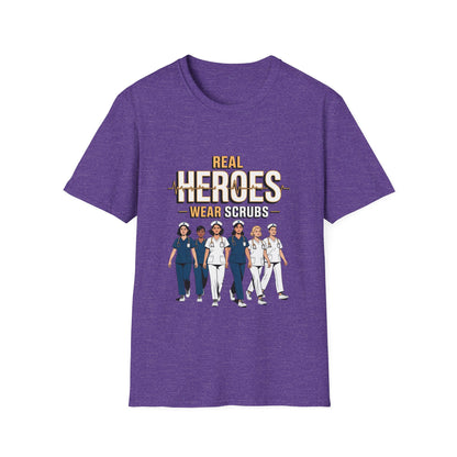 Real Heroes Wear Scrubs Unisex Softstyle T-Shirt, Nurse Gift, Medical Professional Apparel, Healthcare Worker Tee, Appreciation Gift