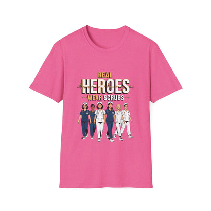 Real Heroes Wear Scrubs Unisex Softstyle T-Shirt, Nurse Gift, Medical Professional Apparel, Healthcare Worker Tee, Appreciation Gift