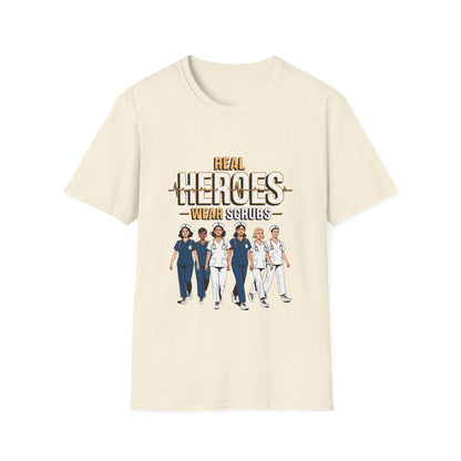 Real Heroes Wear Scrubs Unisex Softstyle T-Shirt, Nurse Gift, Medical Professional Apparel, Healthcare Worker Tee, Appreciation Gift